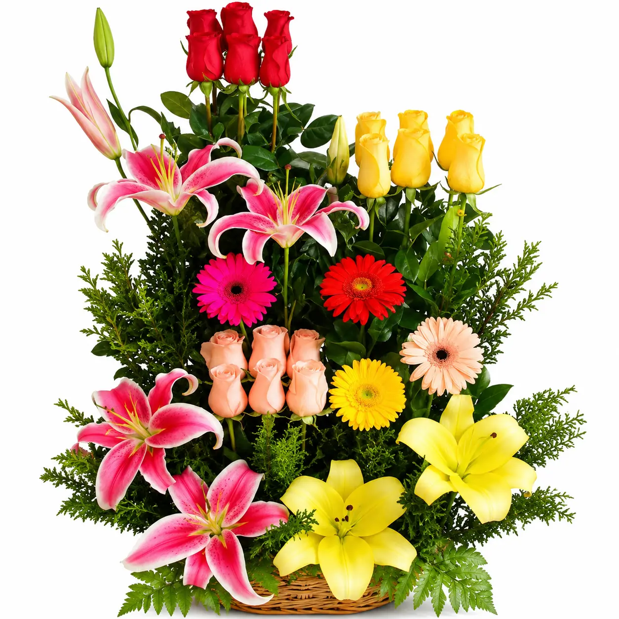 Arreglo floral con rosas rojas amarillas y rosadas con lirios en canasta de mimbre ideal para regalo elegante por cumpleaños aniversario o cualquier ocasión con entrega a domicilio en Lima